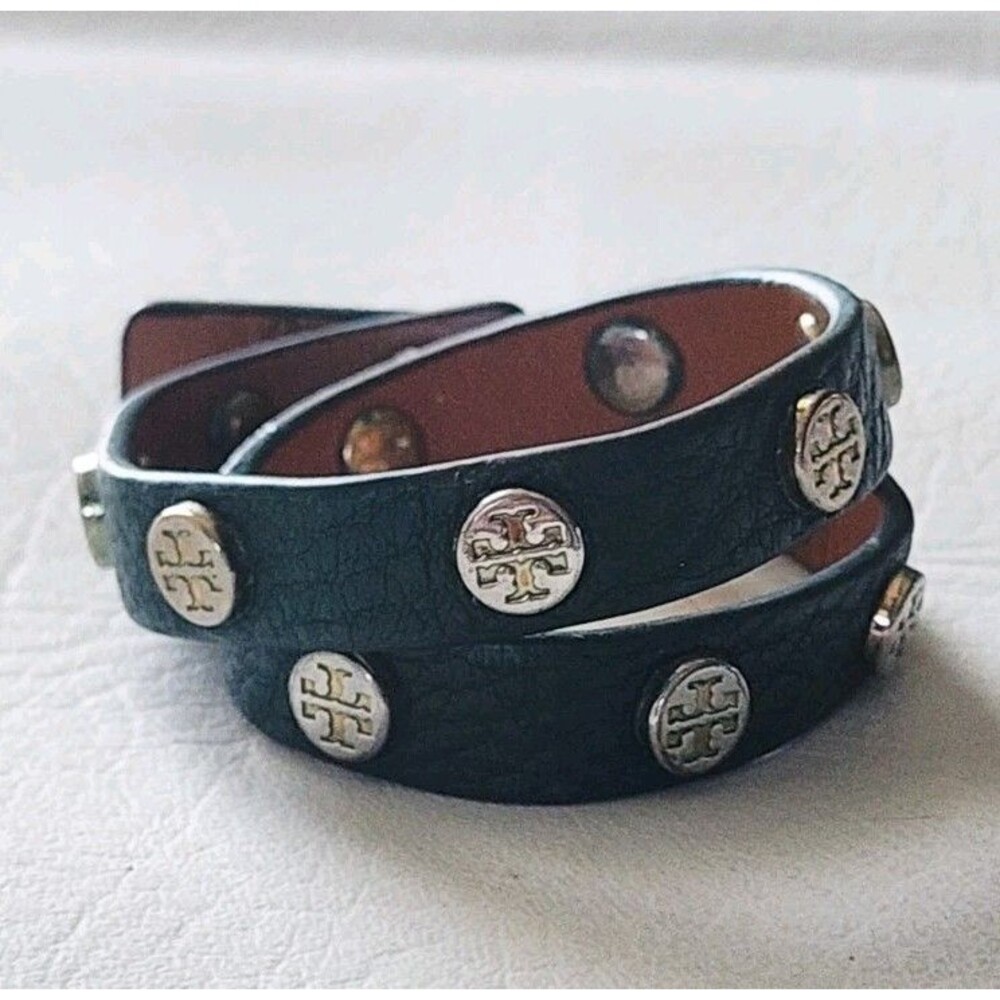 Tory Burch Bracelet Double Wrap Gold Logo Stud Black Leather Classic Green